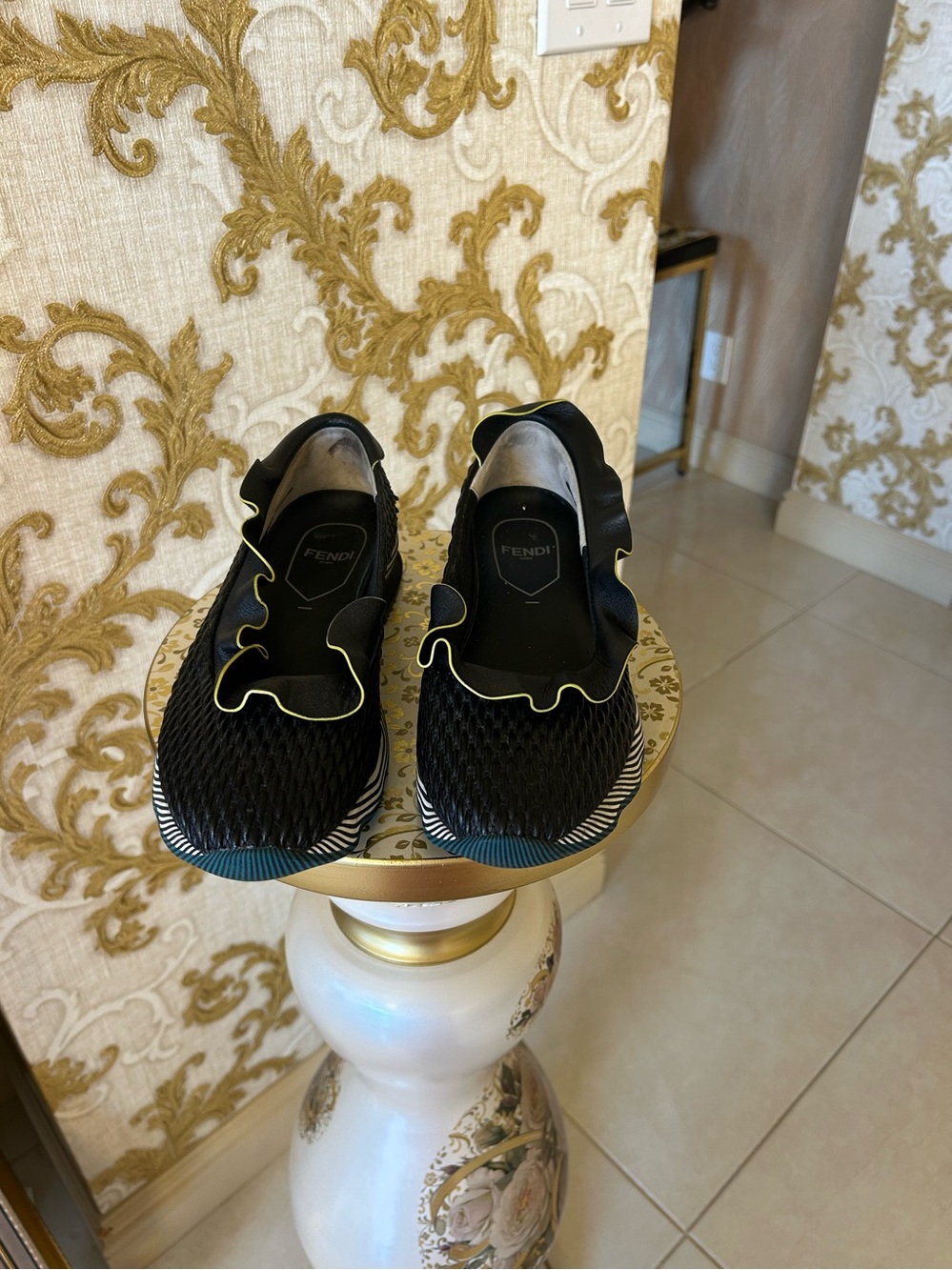 Fendi Black Knit Slip-On Sneakers with Yellow Piping